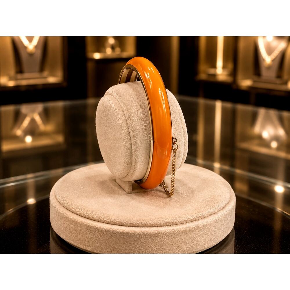 Vintage Orange Hinged Bangle Bracelet Gold Tone Safety Chain Mid-Century Retro